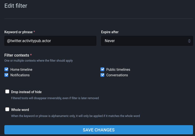 Filters can have an expiry date, specific contexts, server-side drop, and use word boundaries.